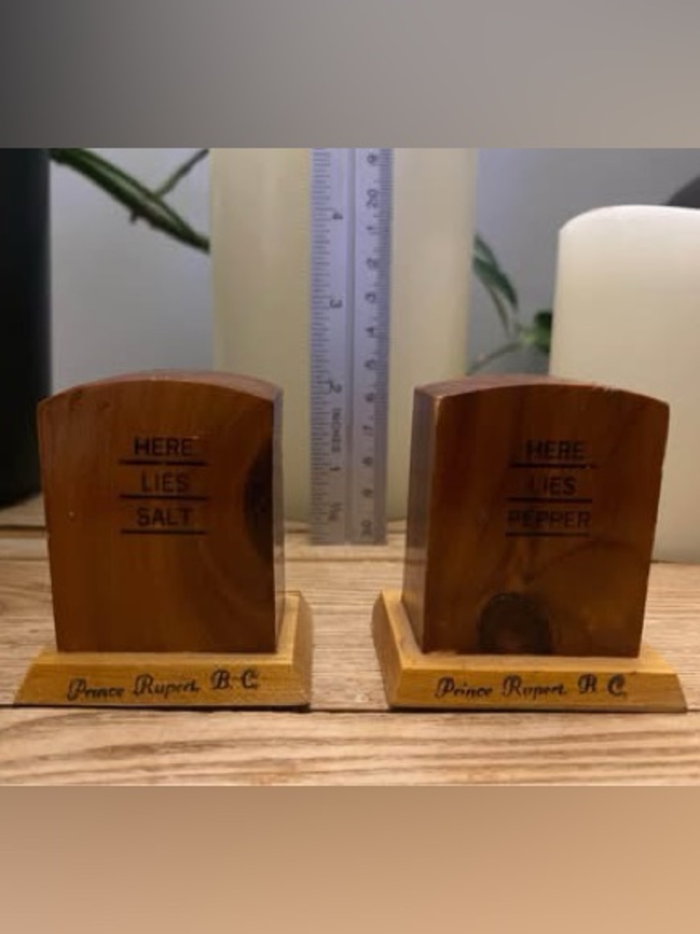 Vintage Tombstone Wooden Salt & Pepper Shakers Prince Rupert BC Novelty Souvenir
